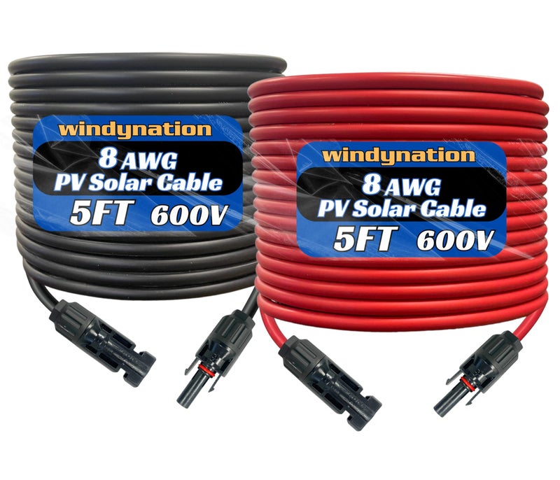 WindyNation 8 AWG 8 Gauge Pair 5 Feet Red +5 Feet Black PV Photovoltaic Solar Panel Extension Cable Wire Solar PV Connector - Image 1